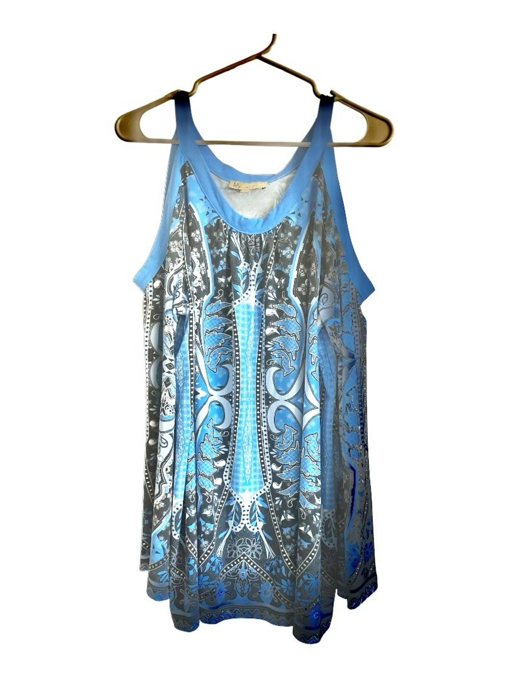 Diane Gilman DG2 XL Tunic Designer Cold Shoulder Long Flared Sleeves Blue Multi